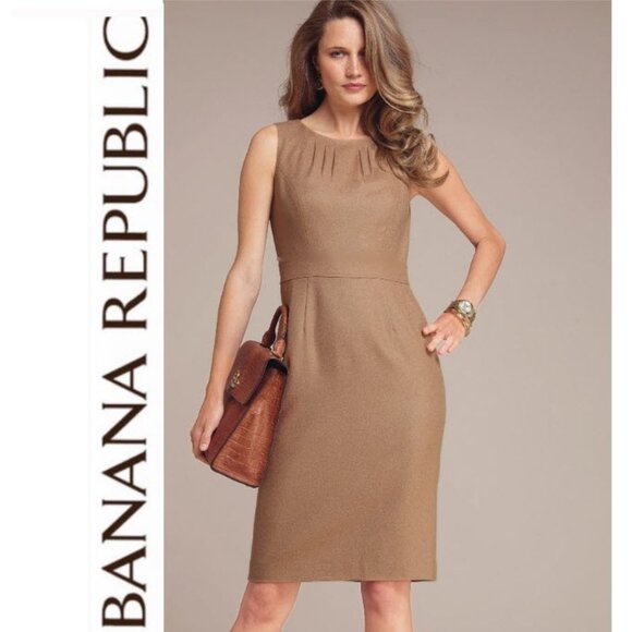 Banana Republic Tan Wool Midi Dress Sheath Size 8 Classic Sleeveless - Picture 1 of 15
